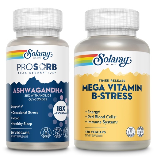 [BRSREYICBUCWOADD] SOLARAY ProSorb Ashwagandha 18X Absorption and Mega Vitamin B Stress - Ashwagandha Supplement and Vitamin B Complex Bundle - Occasional Stress, Mood, Energy and Immune Support - Vegan, 30/40 Servings