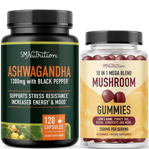 [BRSREHAECJ4GOHTZ] SMNutrition Mushroom Gummies & Ashwagandha with Black Pepper | Herbal Adaptogen Bundle with 10 Mushroom Complex (30 Servings) and Ashwagandha Capsules (60 Servings)