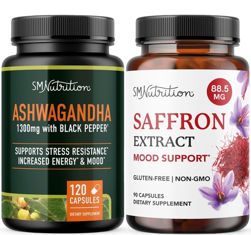 [BRSREHAEBUJWOCD5] SMNutrition Saffron Supplement & Ashwagandha with Black Pepper | Herbal Adaptogen Bundle with Saffron Extract (90 Servings) and Ashwagandha Capsules (60 Servings)