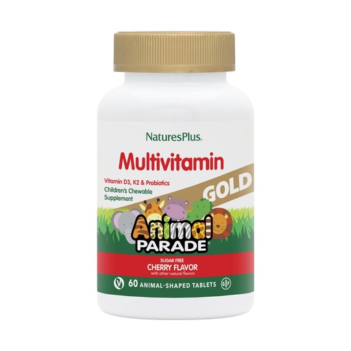 [BRSWIZT3OQOGGYI7] NaturesPlus Animal Parade Gold Multivitamin Children’s Chewables - Cherry Flavor - 60 Chewable Animal-Shaped Tablets - with Vitamin D3, K2 & Probiotics - 30 Servings