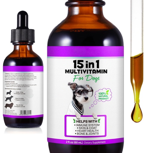 [BRSROAT2CEGQIDTK] 15-in-1 Dog Multivitamin Drops, Liquid Multivitamin Drops for Dogs, 2 oz | with Glucosamine, MSM & Omega for Joint, Heart, Immune & Skin Health, Easy Liquid Drops for Picky Eaters, All Ages, Breeds