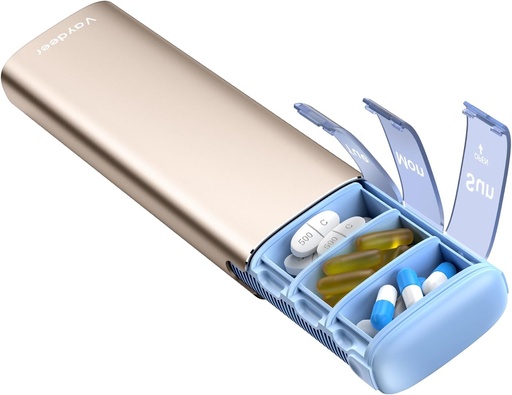 [BRSRAFAZOR5RSF3D] Vaydeer Metal Travel Pill Organizer, 7 Day Weekly Pill Box, Large Capacity Daily Cute Pill Case for Supplements, Pills, Vitamins and Medication (Small, Champagne)