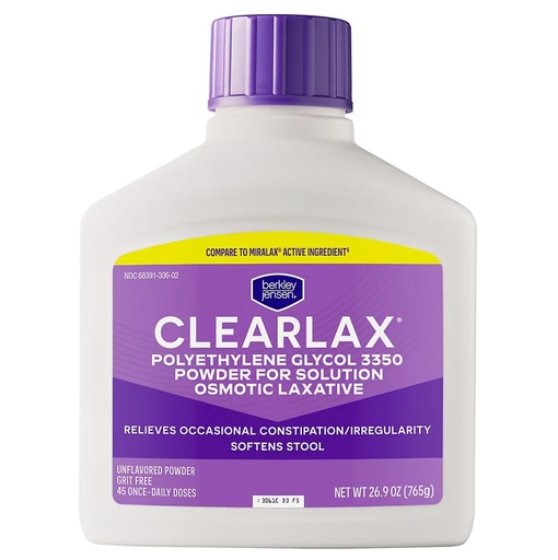 [BRSREFQHDMCQM3L6] Berkley Jensen ClearLax Polyethylene Glycol 3350 Powder for Solution, Osmotic Laxative, Stool Softener, Gentle Occasional Constipation Relief, Unflavored, 45 Dose, 26.9 oz, Pack of 1