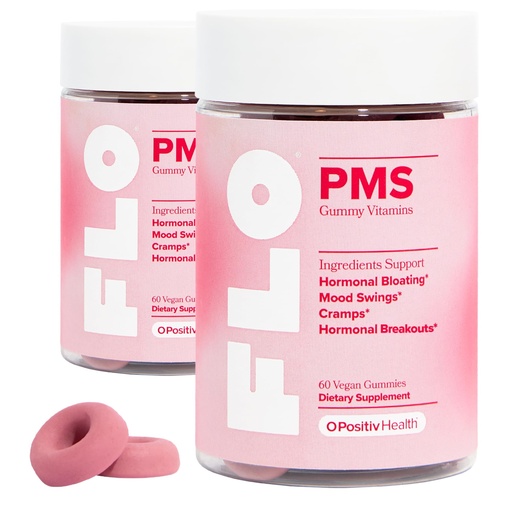 [BRSRAZYPCECGAYDP] O Positiv FLO PMS Gummies for Women - Proactive PMS Relief - Targets Hormonal Breakouts, Bloating, Cramps, & Mood Swings with Chasteberry, Vitamin B6, & Lemon Balm - PMS Gummies (Pack of 2)