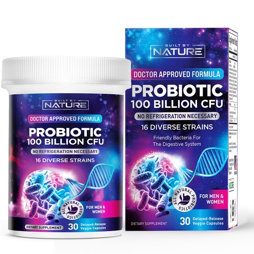 [BRSREYYTAF5G2DL7] Built by Nature 100 Billion CFU Probiotic – 16 Strains + Prebiotics – Immune & Digestive Support – for Women & Men – Delayed Release Capsules, Shelf Stable – 1 Month Supply - 30 Capsules