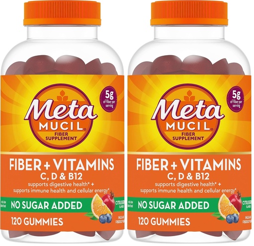 [BRSRGGQNCN5GGG3V] Metamucil Fiber Gummies for Adults with Vitamins C,D,B12 for Metabolism,No Sugar Added Citrus Berry Flavor,5g Plant Based Prebiotic Fiber Supplement Blend,120 Count (Pack of 2)