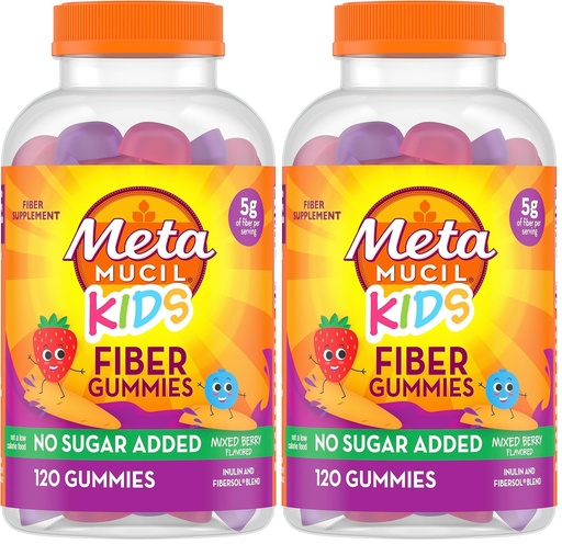 [BRSRGGQNPJ4AYELU] Metamucil Kids Fiber Gummies, No Sugar Added, 5g Prebiotic Plant-Based Fiber Supplement Blend, Mixed Berry Flavored, 120ct Gummies, (Pack of 2)