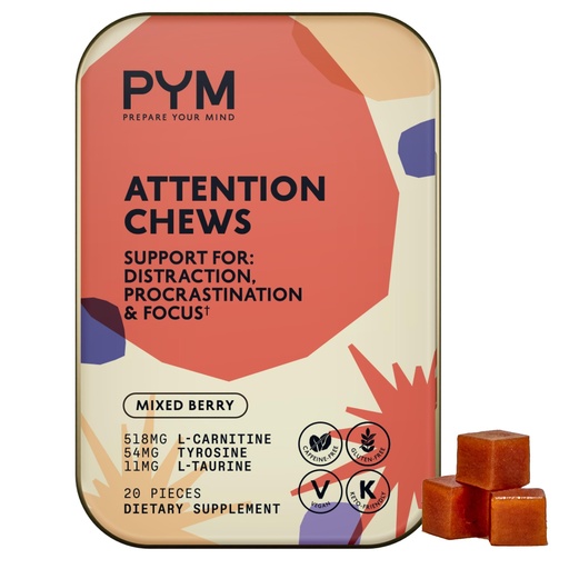 [BRSROHY6BUPRQCDG] PYM Attention Chews Support for Procrastination, Focus & Productivity, 20 Count | 518mg L-Carnitine, 54mg Tyrosine, 11mg L-Taurine, Caffeine-Free | All-Natural Mood Boost Supplement Made in USA