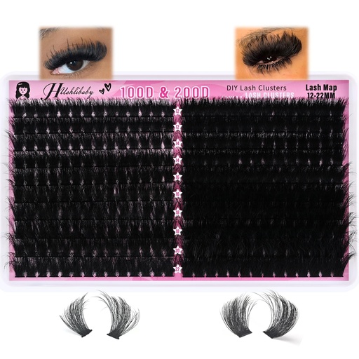 [BRSRE2YHBMNBGFLD] Lash Clusters 100D+200D Mega Thick Lashes Clusters 12-22mm Wispy Individual Thick Volume Lashes Cluster Eyelash Extensions 280Pcs DIY Lash Extension at Home, by Hushlibaby(Plant Fiber)