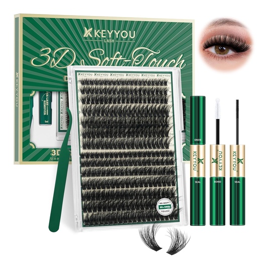 [BRSRACQZDMPBMADH] KEYYOU Lash Clusters Kit 80D100D Diy Individual Eyelash Extension Kit,Thick Volume lashes clusters Kit D Curl,280 Pcs Thin Band with Waterproof Lash Bond and Seal Tweezers (Kit-8-16MIX)