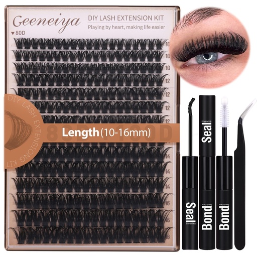 [BRSRAAIZAEHWY3YU] Geeneiya Volume Lash Clusters Kit DIY Lash Extension Kit D Curl Eyelash Extensions with Waterproof Lash Bond and Seal Waterproof Tweezers,10-16MM Cluster Lashes 300Pcs