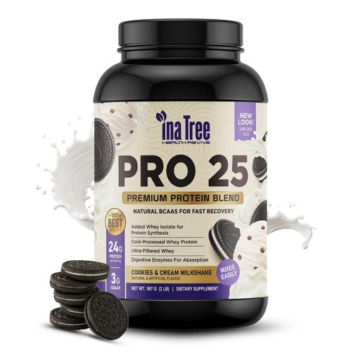 [BRSRACA5PN7RE23O] Pro 25 Premium Protein Blend, Ultra-Pure Whey Protein Powder with Natural BCAAS for Fast Recovery, Digestive Enzymes for Absorption, Low Sugar, Cookies and Cream Milkshake (2lb)