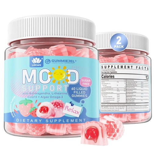 [BRSREFD2DF4BGCLG] Sugar Free Ashwagandha Mood Support Filled Gummies for Women Men, Calm Gummy with Vitamin D3 B6, Vegan Omega 3, L-Theanine, CoQ10 & Rhodiola Rosea, Natural Relax Calming Supplement, Vegan, 120Cts
