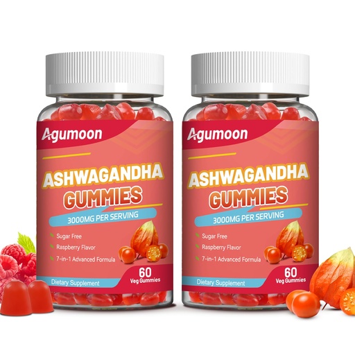 [BRSREFAEC4NAICL2] 2 Pack Ashwagandha Gummies 3000mg for Stress Relief, Calm & Relaxation Support with Magnesium & Vitamin D, Vegan, Gluten-Free, Natural Raspberry Flavor, 120 Count