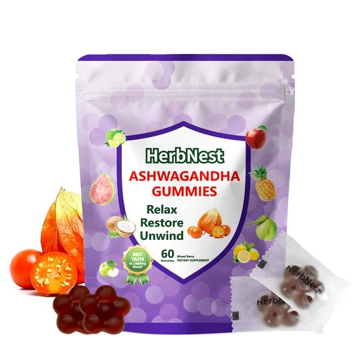 [BRSREZA7OZ5BE2D6] Organic Ashwagandha Gummies with Vitamin D3 - Stress Relief & Immune Support, Vegan Non-GMO, Gluten Free, Mixed Berry Flavor (60 Count) (1 Pack)