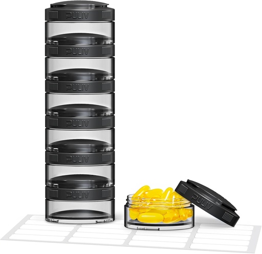 [BRSRAAQBAAHB4EYU] PULIV Stackable Weekly Pill Organizer for Flexible Use, Large Travel Pill Box Case 7 Day with Wide Openings for Easy Retrieval & Filling, BPA-Free, 20 Stickers, Holds Vitamins, Supplements, Fish Oils