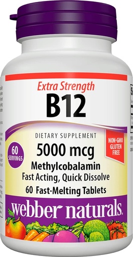 [BRSW2EALCN6BY2TB] Webber Naturals Vitamina B12 5000 mcg, 60 cuenta, tablas de disuelve rápido, suplemento de vitamina Apoyo para el metabolismo energético, inmune y salud cardíaca, Fórmula vegetariana, 60 días de suministro