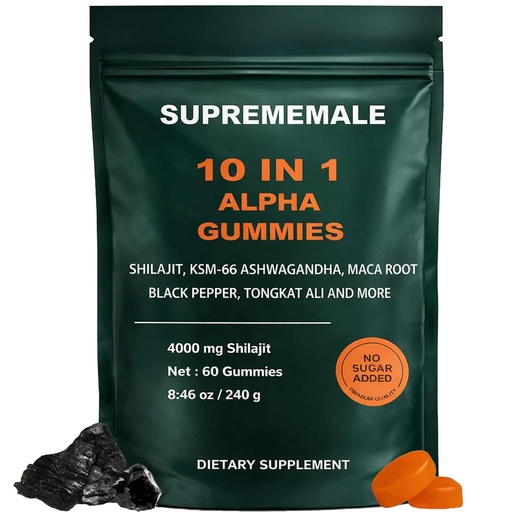 [BRSRGFANBMOWYFD3] SupremeMale 10 in 1 Alpha Gummies for Men, Alpha Shilajit Gummies with Ashwagandha, Tongkat Ali & Black Musli, Supports Daily Energy, 60 Count(1 PC)