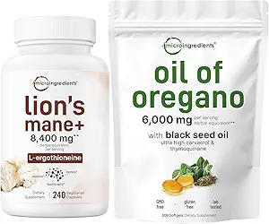 [BRSRAHYYCUIWAE3U] Micro Ingredients Oil of Oregano Softgels 300 Count & Lions Mane Supplement 240 Veggie Capsules Bundle 2 Pack | Carvacrol & Thymoquinone | Superfood Mushroom Antioxidants with L-Ergothioneine