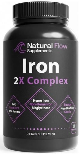 [BRSREFA3AAPQACL5] Natural Flow 2X Iron Complex — Dual-Source Heme + Ferrous Bisglycinate, 28 mg Elemental Iron with Methylfolate, Methylcobalamin B12, B6, Vitamin C & Copper — Gentle on Stomach, Blood Building, 60 Caps