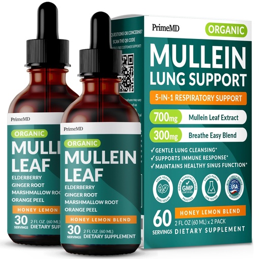 [BRSRABT3OB5GAFL4] 5-in-1 Mullein Drops for Bronchial and Respiratory Support with Mullen Leaf Extract Lung Supplement - Mullein Tincture with Elderberry and Ginger Root, Honey Lemon Flavor (60 Servings, Pack of 2)