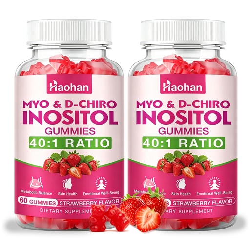 [BRSRGFD3CQDREH3K] Haohan 2 Pack Myo-Inositol & D-Chiro Inositol Gummies for Female Health, with Vitamin D3, Magnesium Glycinate, Folate & Zinc, Sugar Free, Strawberry Flavor – 120 Gummies