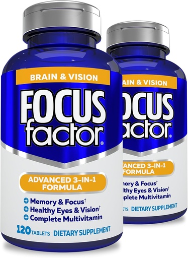 [BRSW2EIYA4GRO3T3] Focus Factor Adults Brain and Vision Supplement, 120 Count- Eye Vitamin, Mineral Supplement, Complete Multivitamin with Lutein & Zeaxanthin-Brain Supplement for Focus, Concentration, Memory (2 Pk)