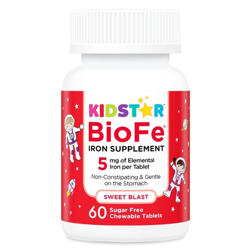 [BRSROHQQOBYQYYD6] KidStar Nutrients BioFe Pure Iron Chewable Tablets for Kids & Adults, Sweet Blast, No Sugar, Sweetened with Xylitol, 60 Chewable Tablets