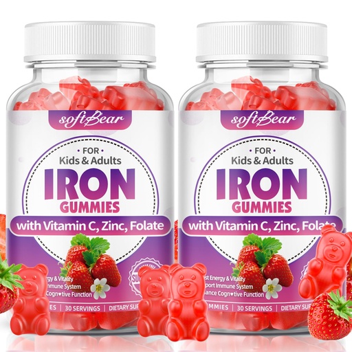 [BRSRECT5PMFBUD3B] softbear Iron Gummies for Women & Men & Kids, Chewable Iron Supplements with Vitamin C,B3,B5,B6,B12 Supports Immune System, Energy & Vitality, Sugar-Free/Vegan, Strawberry Flavor 120 Count