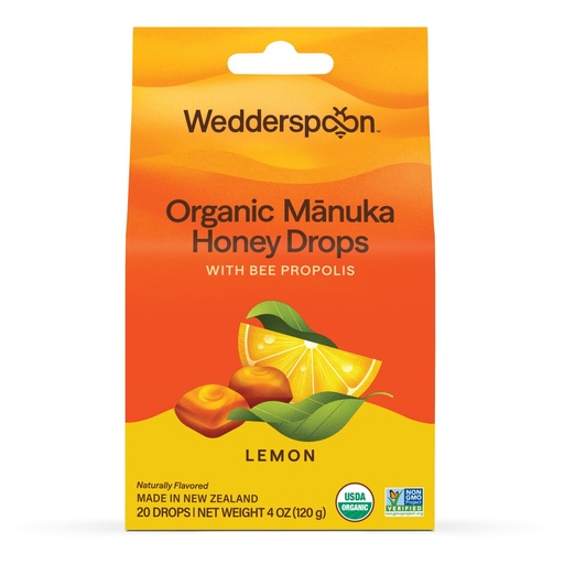 [BRSWKFI3CV4BMYAZ] Wedderspoon Organic Manuka Honey Drops, Lemon & Bee Propolis, 20 Count | USDA Organic | Genuine New Zealand Honey, Natural Remedy for Dry Throat