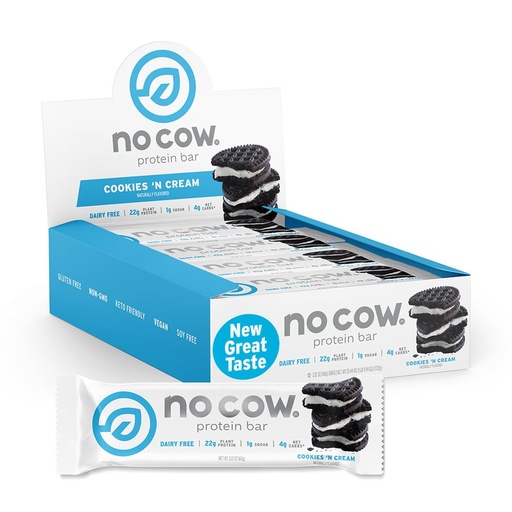 [BRSWY2QKCQJQMAI6] No Cow Vegan Protein Bars, Upgraded Cookies 'n Cream | 20g Plant Based Protein, Gluten Free, Dairy Free, Soy Free, Keto Friendly, Low Sugar, High Fiber Snack Bars | Pack of 12