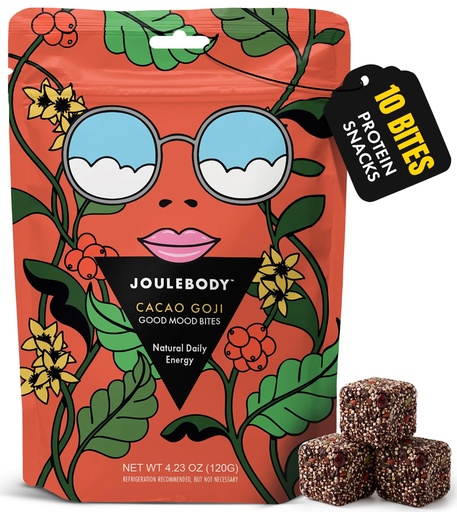 [BRSRGHYCCEHAMD3B] JOULEBODY Good Mood Protein Energy Bites - Crunchy & Chewy Protein Bites Snacks, Plant Based, Gluten Free, Organic Cacao Goji Protein Balls Snacks, 4g Protein, 5g Fiber, No Refined Sugar, 10 Count