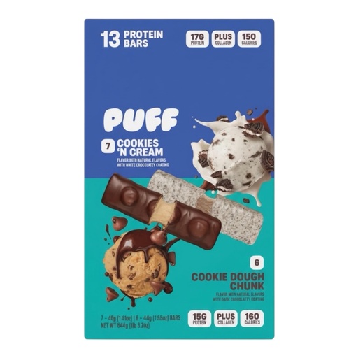 [BRSRGAA2CIIAM2D6] Puff Protein Bars,7 Cookies N' Cream, 6 Cookie Dough Chunk Flavor 17g Protein, Gluten Free, 19.2 oz 13 Variety Pack.