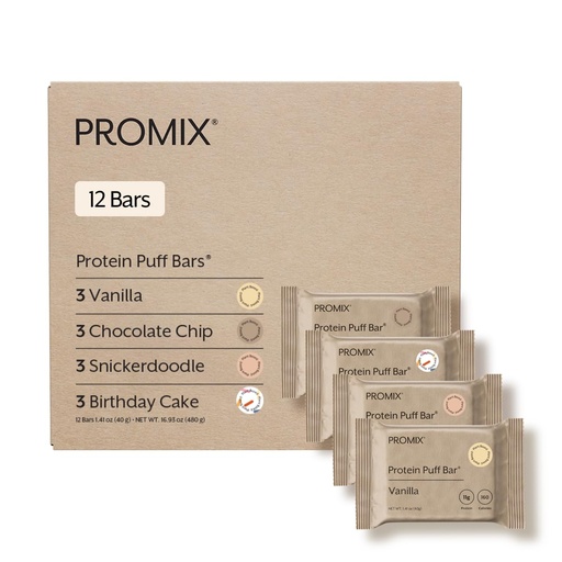[BRSRGAYOBF7Q2F3X] ProMix Nutrition Protein Plant Based Puff Bars - Variety Pack (Vanilla, Chocolate Chip, Snickerdoodle, Birthdate Cake) - Marshmallow Crispy Treat - High Protein & Low Calorie - 12 Bars