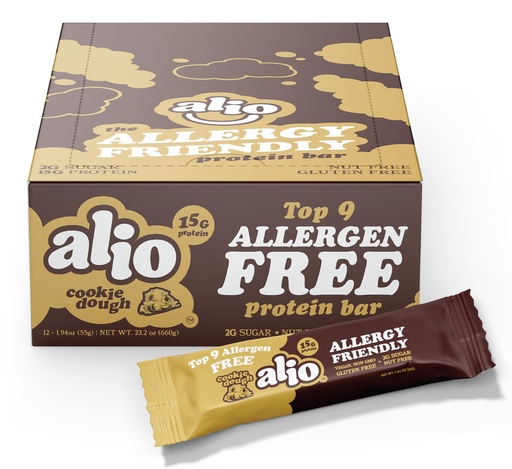 [BRSROBQHCR5WYYDA] Alio Protein Bars - Cookie Dough (12 Bars) – Free From The Top 9 Food Allergens, High Protein, Low-Calorie, Vegan, Gluten-Free, Nut-Free, Non-GMO, Plant-Based, Seed Oil Free, Delicious & Healthy Snack