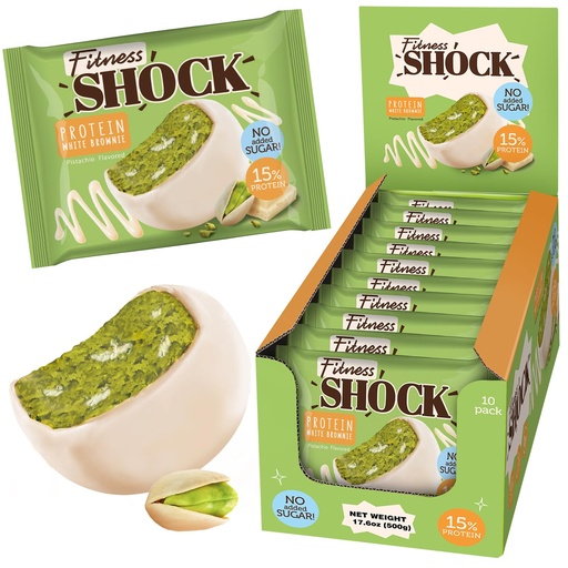 [BRSROAT3CEPQ4D37] FitnesSHOCK Pistachio White Chocolate Protein Brownie – Low Sugar Dessert Snack (2g Total Sugar, No Added Sugar) – Healthy Snack – 10 Count