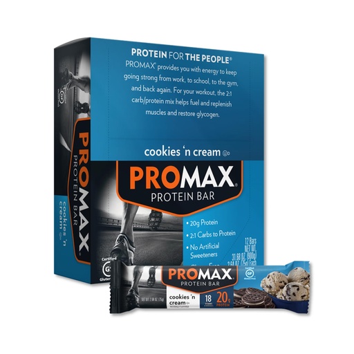 [BRSWIYQFBAOGOFDI] Promax Protein Bar, Cookies 'n Cream, 20g High Protein, Gluten Free, 12 Count