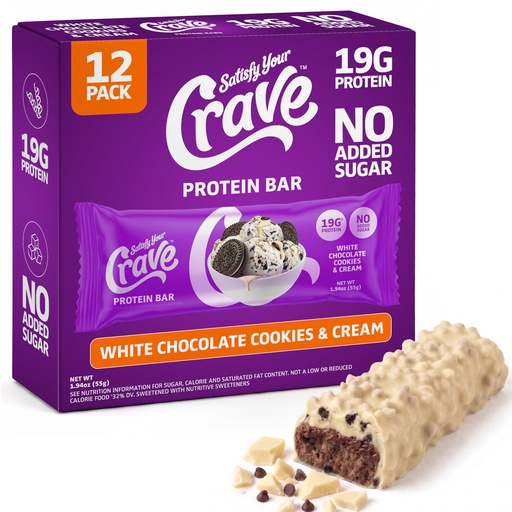 [BRSRGFA6AR5WGAIZ] Satisfy Your Crave Protein Bars– High Protein Delicious Snacks– 19g of Protein, No Added Sugar– White Chocolate Cookies & Cream– Perfect Breakfast, On-the-Go Snack, Pantry Staple & Office Treat– Non-GMO, 12 Pack