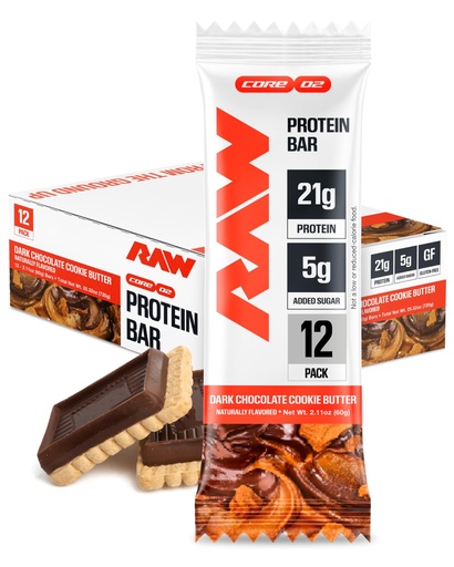 [BRSRGHYEO57QMH3U] RAW Nutrition Protein Bars, Dark Chocolate Cookie Butter, 21g Whey Protein, Low Sugar, Better-for-You Candy Bars, Gluten Free Chocolate Protein Snack for Muscle Recovery & Gym Fuel, 12 Count