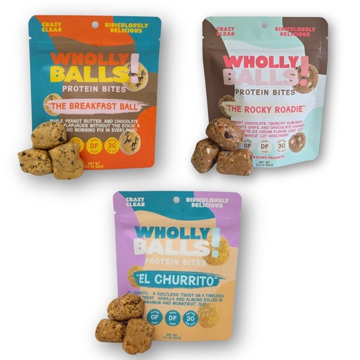 [BRSREA32AUARS2DD] Wholly Balls Protein Bites â€“ Healthy Plant-Based Snack | High Protein, Low Sugar, Gluten-Free Energy Balls (Pack of 3, Triple Threat)
