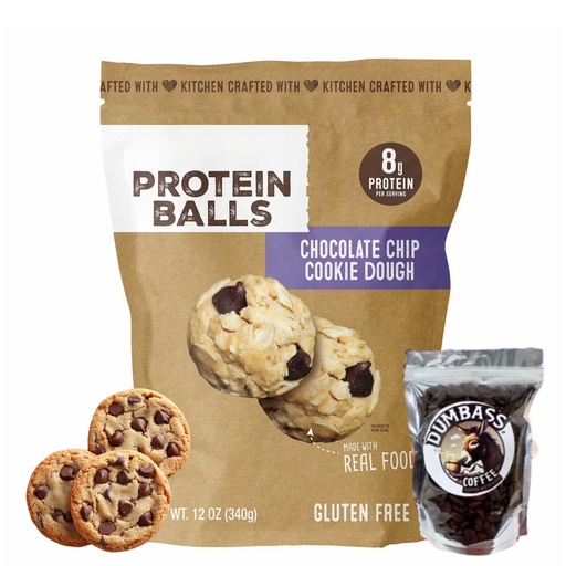 [BRSRGBIEAF5WCA3J] Chocolate Chip Cookie Dough Protein Balls 12 oz, High Protein Snack Bites, Soft Chewy Energy Snack with Dumbass Coffee Whole Coffee Bean 1 oz Medium/Dark (Chocolate Chip Cookie Dough) Coffee