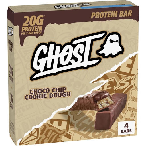 [BRSRGBLYPIMQ43QY] GHOST PROTEIN BAR, CHOCO CHIP COOKIE DOUGH Flavor, 20G Protein, 2G Sugar, 4 Dual-Bar Packs, 9.2 oz