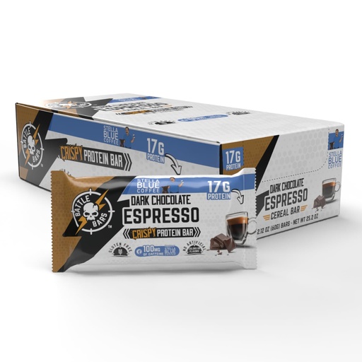 [BRSRECYBOEBQ42TO] Battle Bars Crispy Protein Bar, 17g Protein, 100g Caffeine per serving - Gluten Free, No Artificial Flavors or Colors - Veteran Founded - Dark Chocolate Espresso (60g) 12 Count