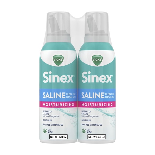 [BRSREGINOZ6AG3YV] Vicks Sinex Saline Moisturizing Nasal Spray, with Aloe, Drug Free Ultra Fine Mist, Clear Everyday Sinus Congestion Fast, Clear Mucus from a Cold or Allergy, 5 OZ x 2