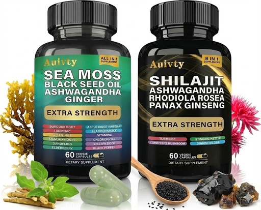 [BRSREGT3O4MAOALH] Herbal Wellness Bundle – Sea Moss Complex 19,445mg + Shilajit Complex 15,250mg – Extra Strength 2-in-1 Supplement Pack with Ashwagandha, Ginseng & Botanicals – 2 Bottles, 120 Vegan Capsules