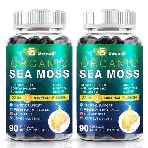 [BRSREZTRBV7W223L] BEWORD Organic Sea Moss Softgels, 180 Capsules - with Irish Sea Moss, Vitamin C,D3, Black Seed Oil, Ashwagandha, Turmeric, Bladderwrack, Burdock, Rhodiola Rosea - Immune, Skin & Energy Support, 2 Pack