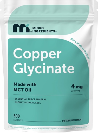 [BRSRGY3YOIFBAHLZ] Copper Glycinate with MCT Oil, 500 Softgels | 4 mg Elemental Copper Per Serving | Chelated Copper Mineral Supplement | Essential Trace Mineral | Non-GMO, cGMP Manufactured
