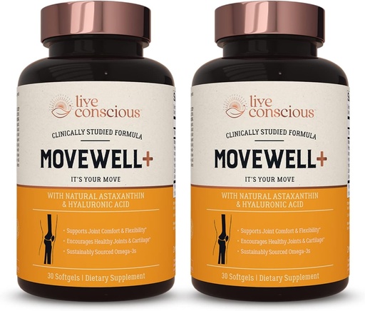 [BRSW2BI7AQGREFLH] Live Conscious Joint Health Supplement - MoveWell Plus Antarctic Krill Oil, Natural Astaxanthin and Hyaluronic Acid | Outperforms Glucosamine (2 Pack)