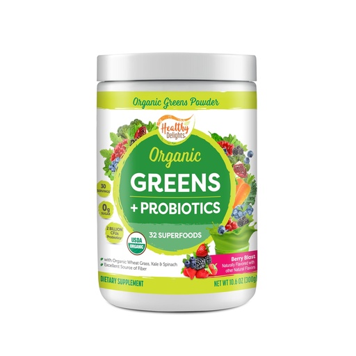 [BRSWGEA6CNYR4G3U] Healthy Delights Naturals - Organic Greens + Probiotics Powder - Naturally Boost Energy - USDA Organic - Delicious Berry Flavored - 30 Servings