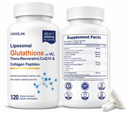 [BRSREA3YCR4AKDYY] Liposomal Glutathione Supplement - 2000MG Glutathione Liposomal with VIT C, Resveratrol, Antioxidant Reduced L-Glutathione for Liver Detox and Immune Energy Skin Support, 120 Capsules